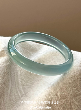 正品天然高冰种库里蓝玉髓玛瑙手镯马料天然翡翠玉镯远山黛送礼物