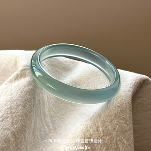 正品天然高冰种库里蓝玉髓玛瑙手镯马料天然翡翠玉镯远山黛送礼物