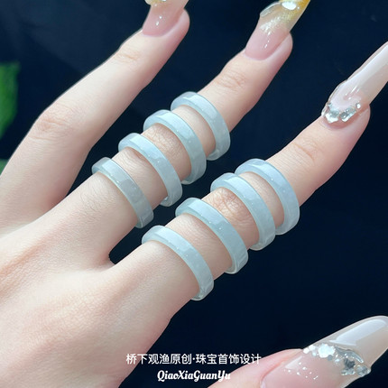 天然A货玉石冰种蓝水翡翠戒指素圈男女款指环细玉戒宽版情侣对戒