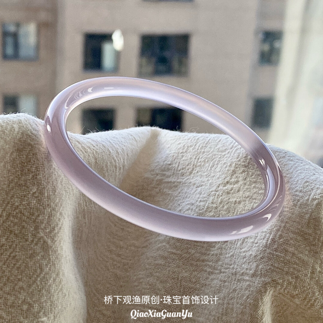天然玛瑙手镯女款冰紫玉镯冰种紫色玉髓冰透紫罗兰细圆条正品原石