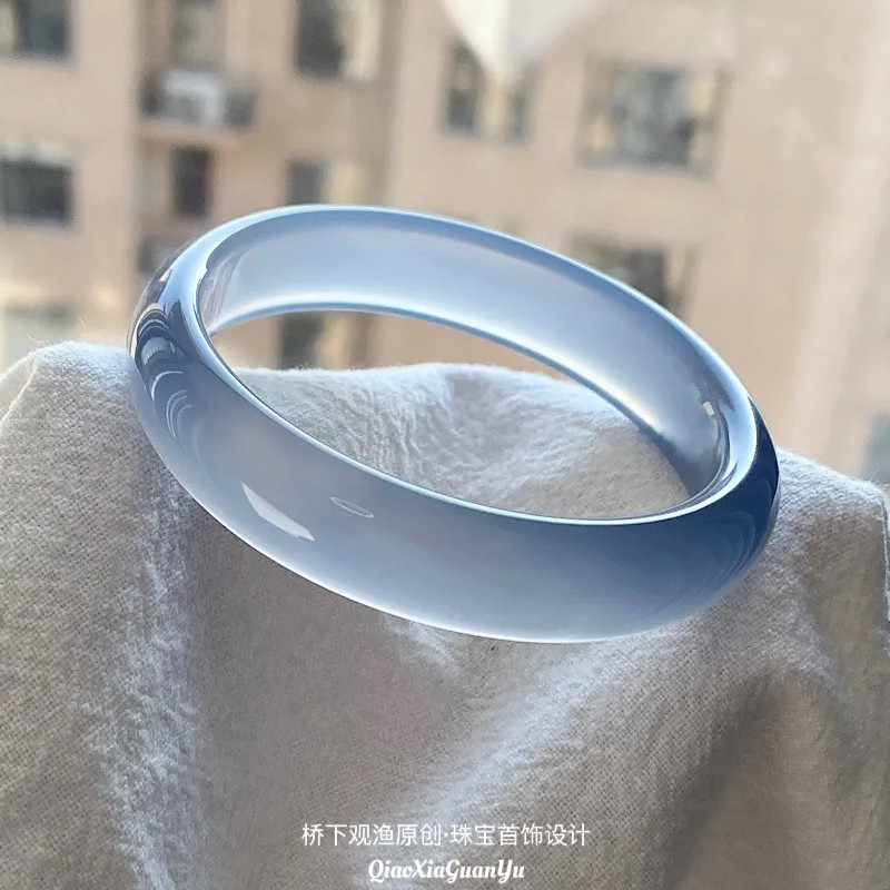 高冰种天青冻手镯雾蓝冰透蓝水冰子玉镯子女玉石冰透石英岩玉处理