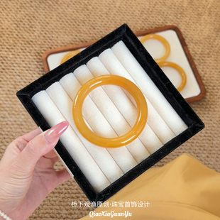 冰种天然黄龙玉手镯圆条女飘花冰种玛瑙玉髓镯子新中式国风礼物