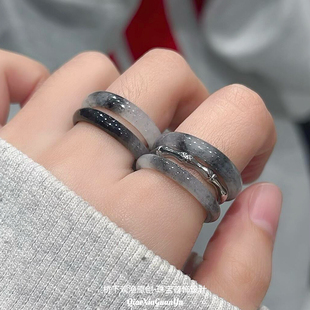 缅甸料冰种翡翠乌鸡戒指 A货玉石戒圈水墨山水意境指环油黑玉尾戒