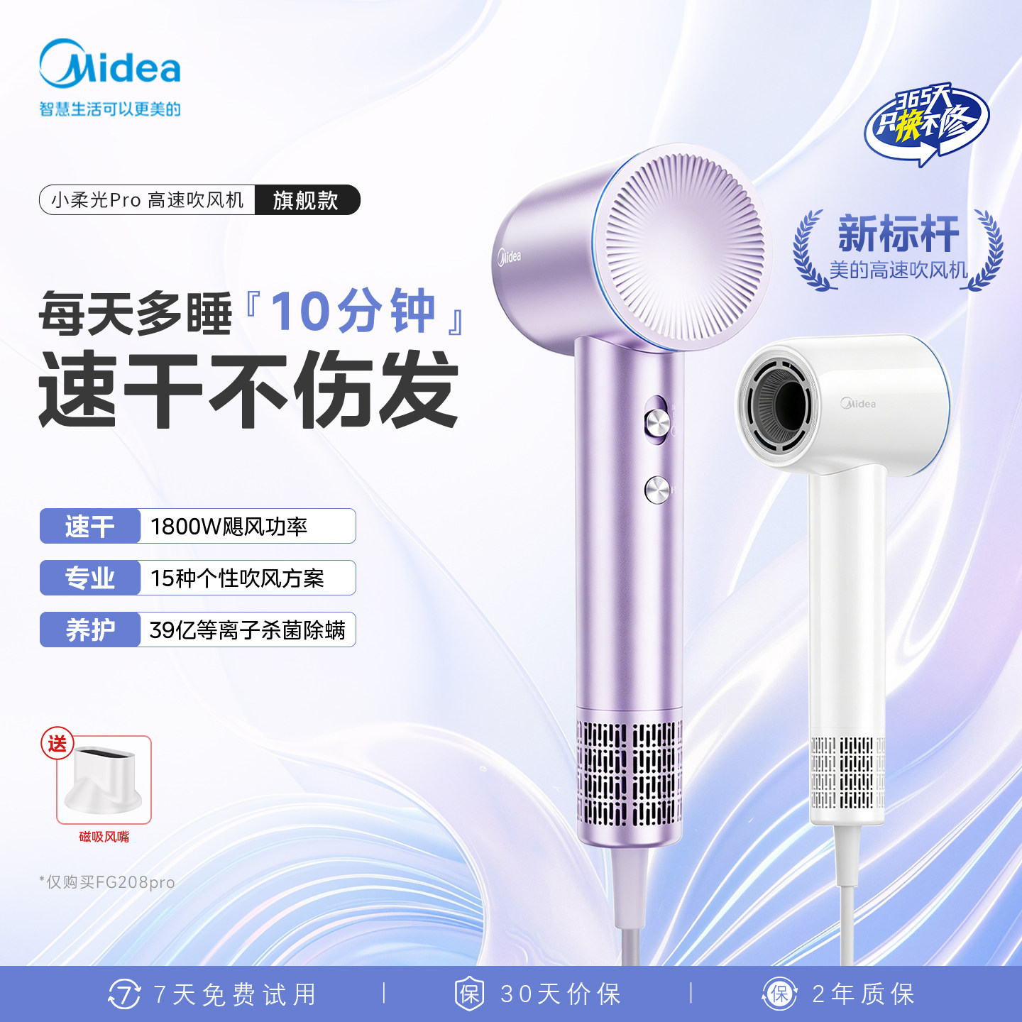 美的高速吹风机负离子护发静速干音学生家用大功率新款小柔光Pro