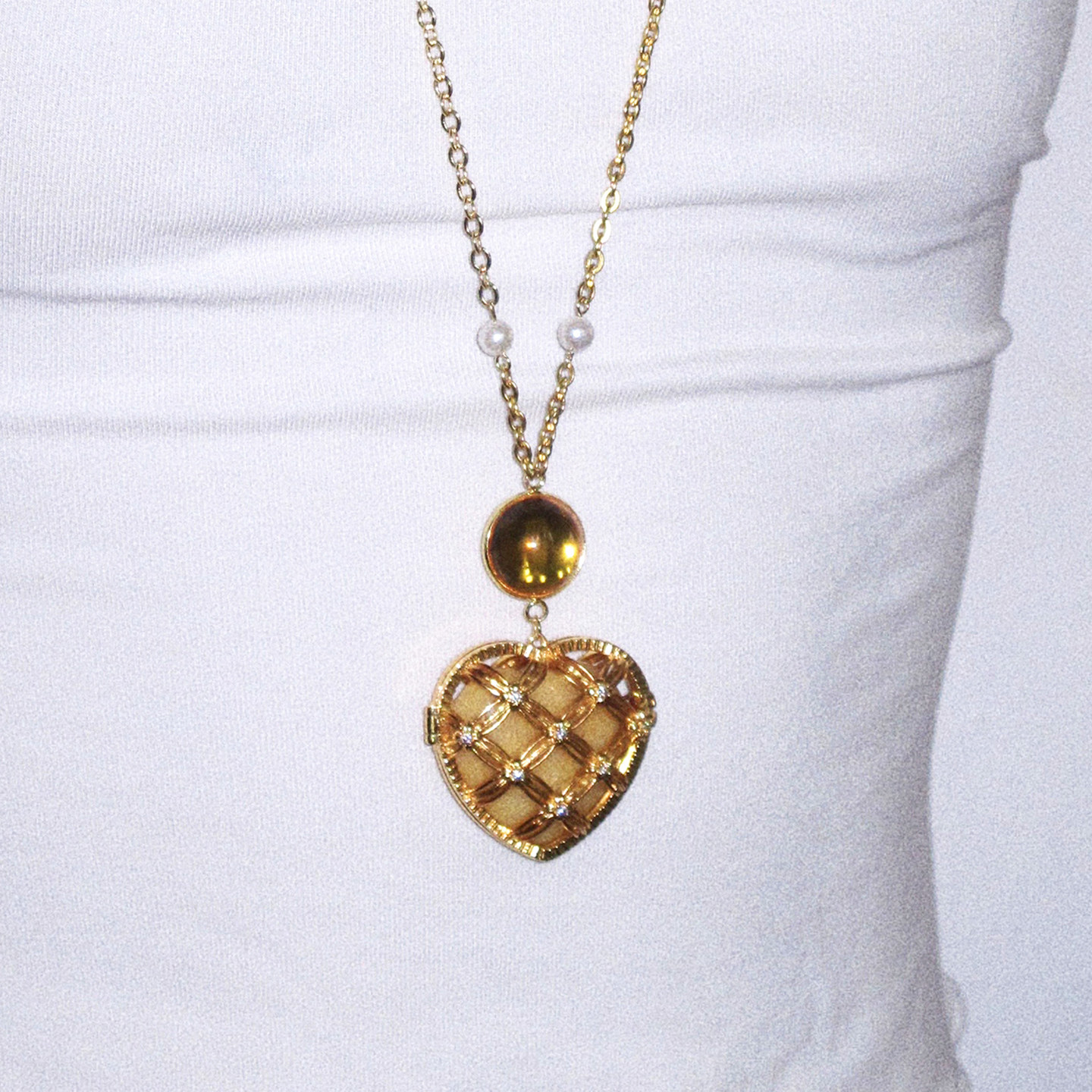 1P Jewelry金色闪闪甜心派锆石镶嵌可开合水晶爱心项链1PJuvilove