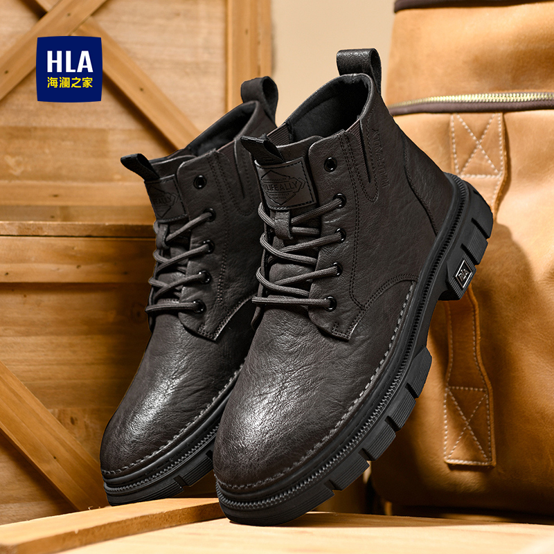 海澜之家经典工装马丁靴加绒保暖