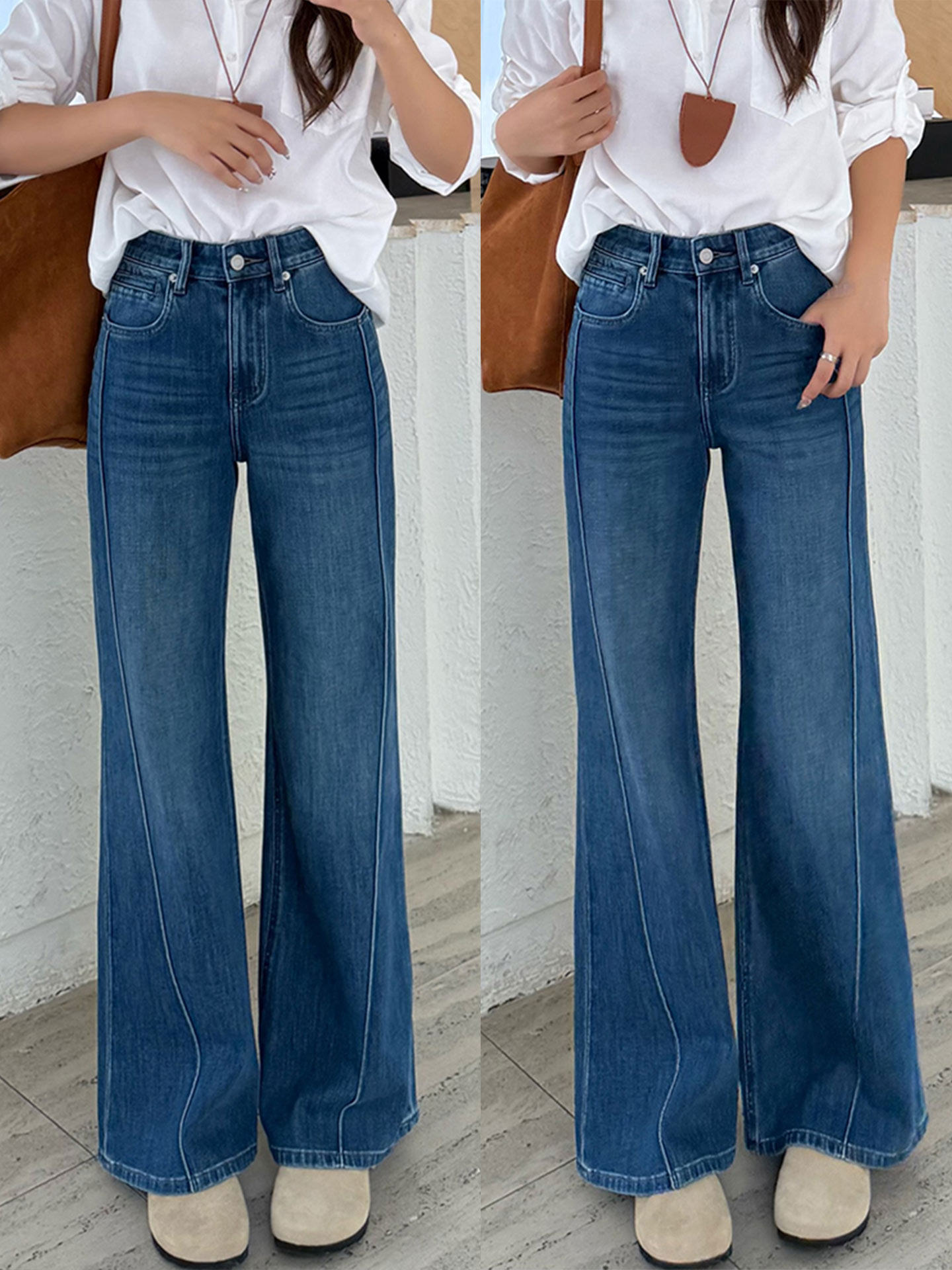 Blue Straight-Leg Flared Jeans for Women, New Autumn Style, Plus Size, High-Waisted, Slimming, Stretchy Bell-Bottom Pants for Petite Women