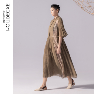 L1J25 连衣裙A119 EXCEPTION例外女装 亚麻高腰纽扣大摆长款