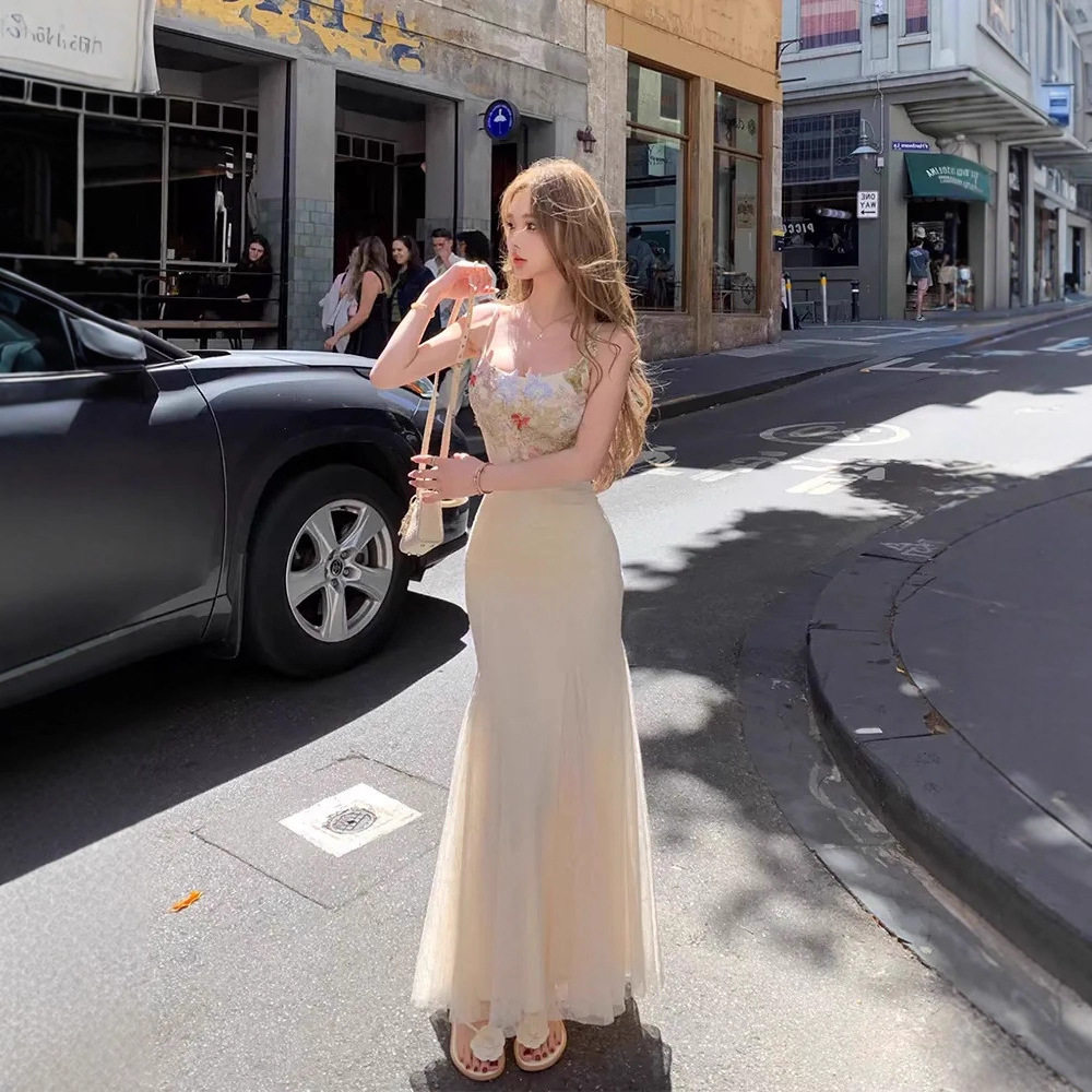 jmshop 鱼姬 花朵蕾丝网纱鱼尾连衣裙中长款修身包臀吊带裙