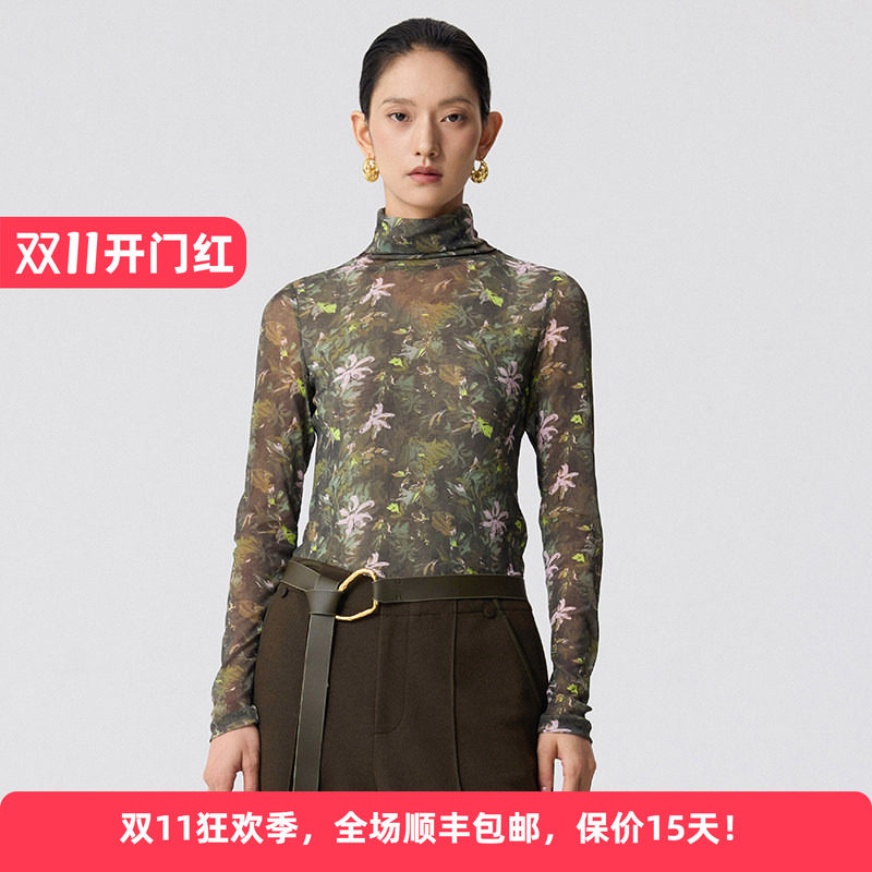 Distin Kidny/迪凯冬季复古花卉印花网纱女弹力修身长袖打底上衣