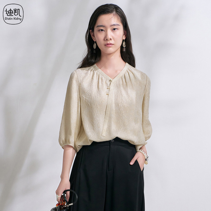 Distin Kidny/迪凯夏季桑蚕丝新中式国风优雅宽松衬衫女高级上衣