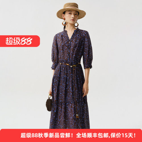 天丝垂感复古碎花优雅收腰连衣裙
