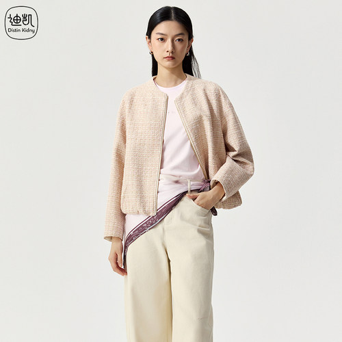 Distin Kidny/迪凯极简风短外套女轻熟圆领夹克毛呢小香风外套