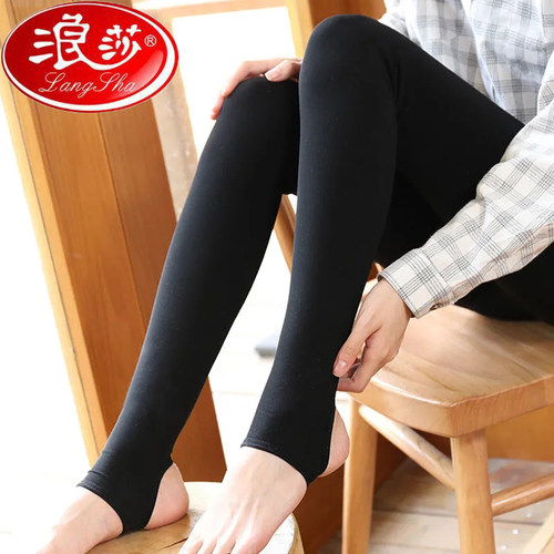 加绒加厚踩脚黑色连裤袜浪莎女