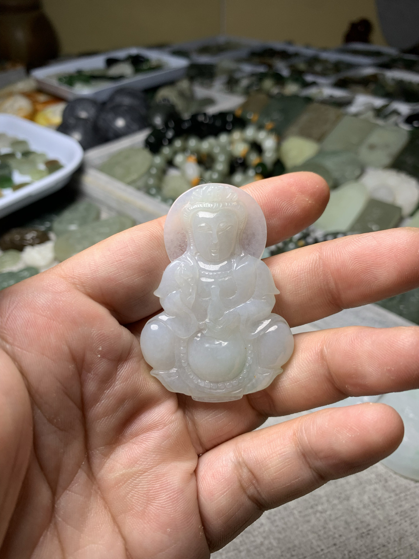 天然翡翠老坑冰糯种正装立体观音牌子吊坠挂件毛衣链男玉牌带翠