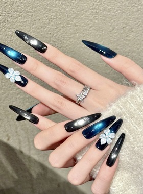 蓝色猫眼雕花美甲气质2025新款高级感美甲纯手工穿戴甲显白长款