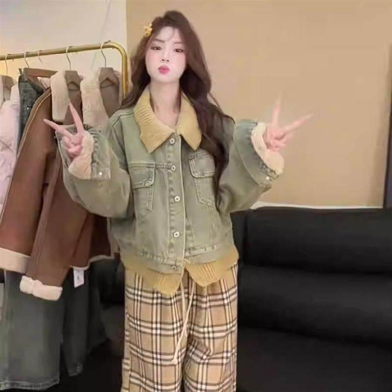 复古爆款慵懒风撞色翻领牛仔外套女秋冬加绒新款小众休闲风上衣潮,女装/女士精品,时尚套装,淘宝优惠券,粉丝福利购,淘宝优惠卷