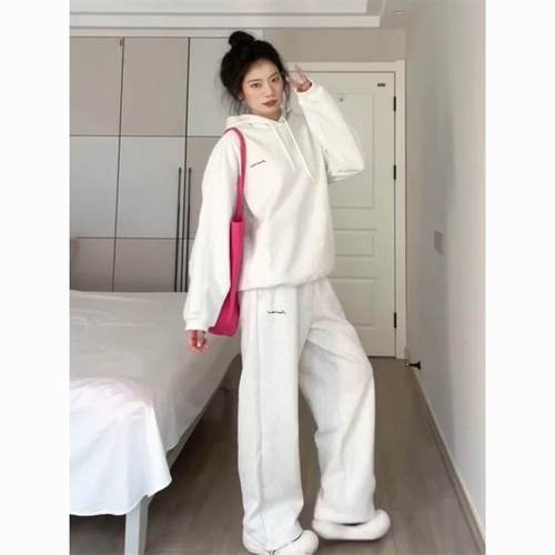 秋冬新款港风复古连帽卫衣阔腿裤套装女时尚百搭加绒加厚两件套潮