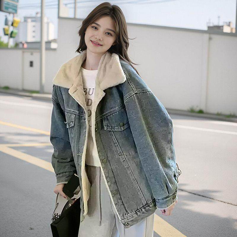 美式加绒加厚牛仔外套女秋冬2025新款设计感宽松百搭通勤夹克上衣,女装/女士精品,时尚套装,淘宝优惠券,粉丝福利购,淘宝优惠卷