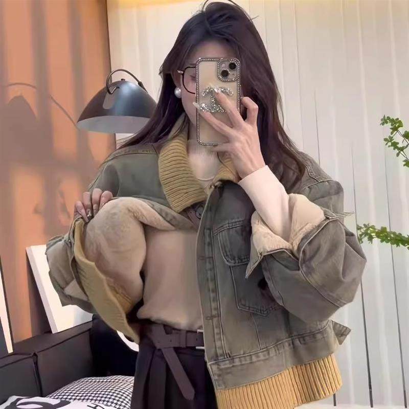 美式复古水洗牛仔拼接针织假两件短外套女秋冬季新款加绒气质夹克,女装/女士精品,时尚套装,淘宝优惠券,粉丝福利购,淘宝优惠卷