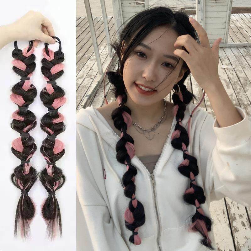 网红甜酷挑染泡泡辫马尾女孩自然挑染麻花长辫灯笼拳击高马尾辫子