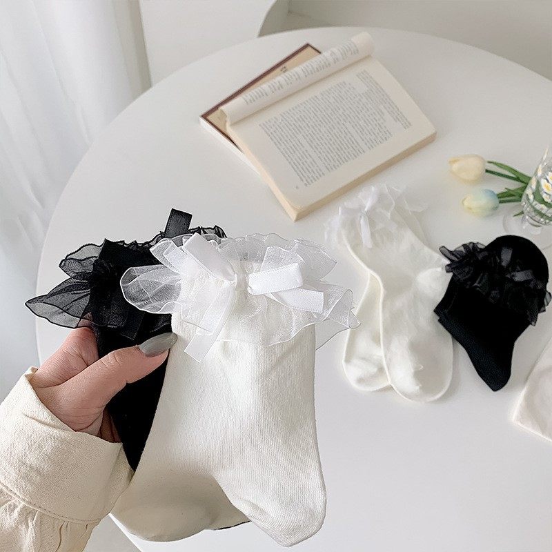 jk黑白纯色女袜袜子女中筒袜洛丽塔蕾丝蝴蝶结花边袜lolita公主袜