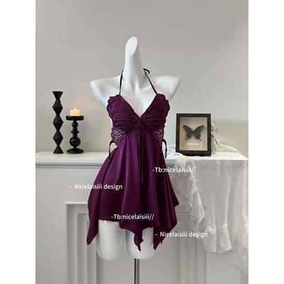 云兮学姐·迷恋蝴蝶 性感显白吊带睡裙v领蕾丝带胸垫法式睡衣女