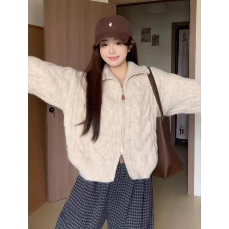 高领麻花拉链开衫毛衣女款新款春秋季加厚慵懒风立领针织外套,女装/女士精品,时尚套装,淘宝优惠券,粉丝福利购,淘宝优惠卷