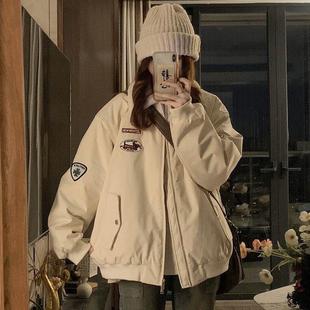 美式加棉加厚棒球服外套女2025秋冬新款翻领拼色绣标宽松保暖棉服