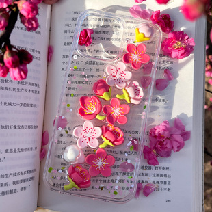 可爱桃花苹果17原创iphone16promax新款手机壳15透明14滴胶13粉色女12mini适用xs保护套7se立体爆闪8plus夏日