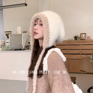 韩版新款绑带毛线帽子女寒冬保暖百搭护耳针织帽显脸小毛绒雷锋帽