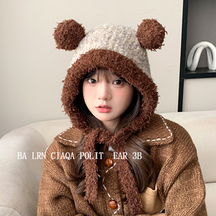 冬季新款小熊雷锋帽子女浣熊甜美可爱毛绒绒包头帽绑带护耳防寒潮
