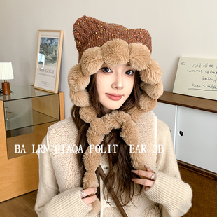 帽子女冬季2025可爱护耳套头帽秋冬羊羔绒保暖显脸小寒冬毛绒帽子