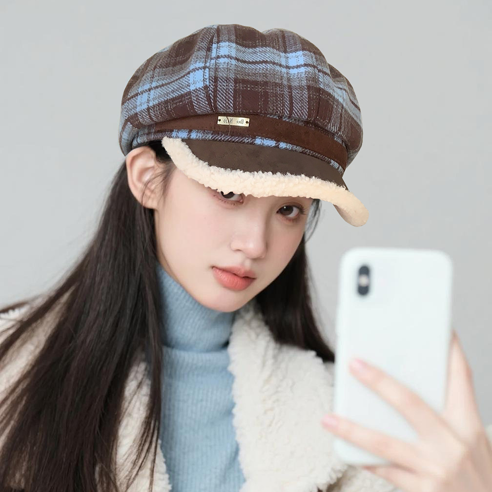 韩国新品复古格纹毛呢八角帽女秋冬羊羔毛边英伦百搭显脸小画家帽