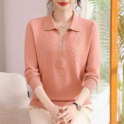 妈妈秋装翻领羊毛衫薄款毛衣中老年洋气上衣春秋中年女针织打底