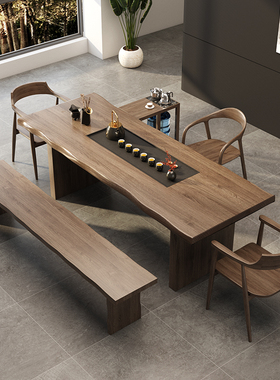 实木茶桌茶盘一体泡茶桌椅组合后现代简约办公室功夫茶台原木大板