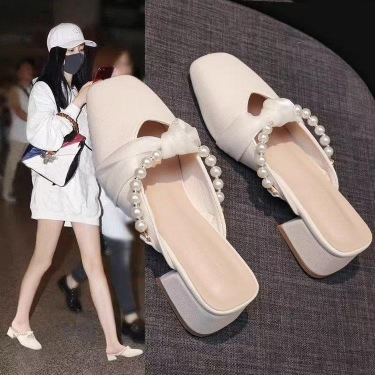 仙女风法式珍珠包头半拖鞋女2025春夏新款高跟鞋粗跟中跟懒人外穿