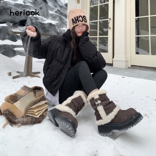 HERLOOK圆头裤 冬加绒保暖女厚底中筒靴 管雪地靴皮毛一体2025新款
