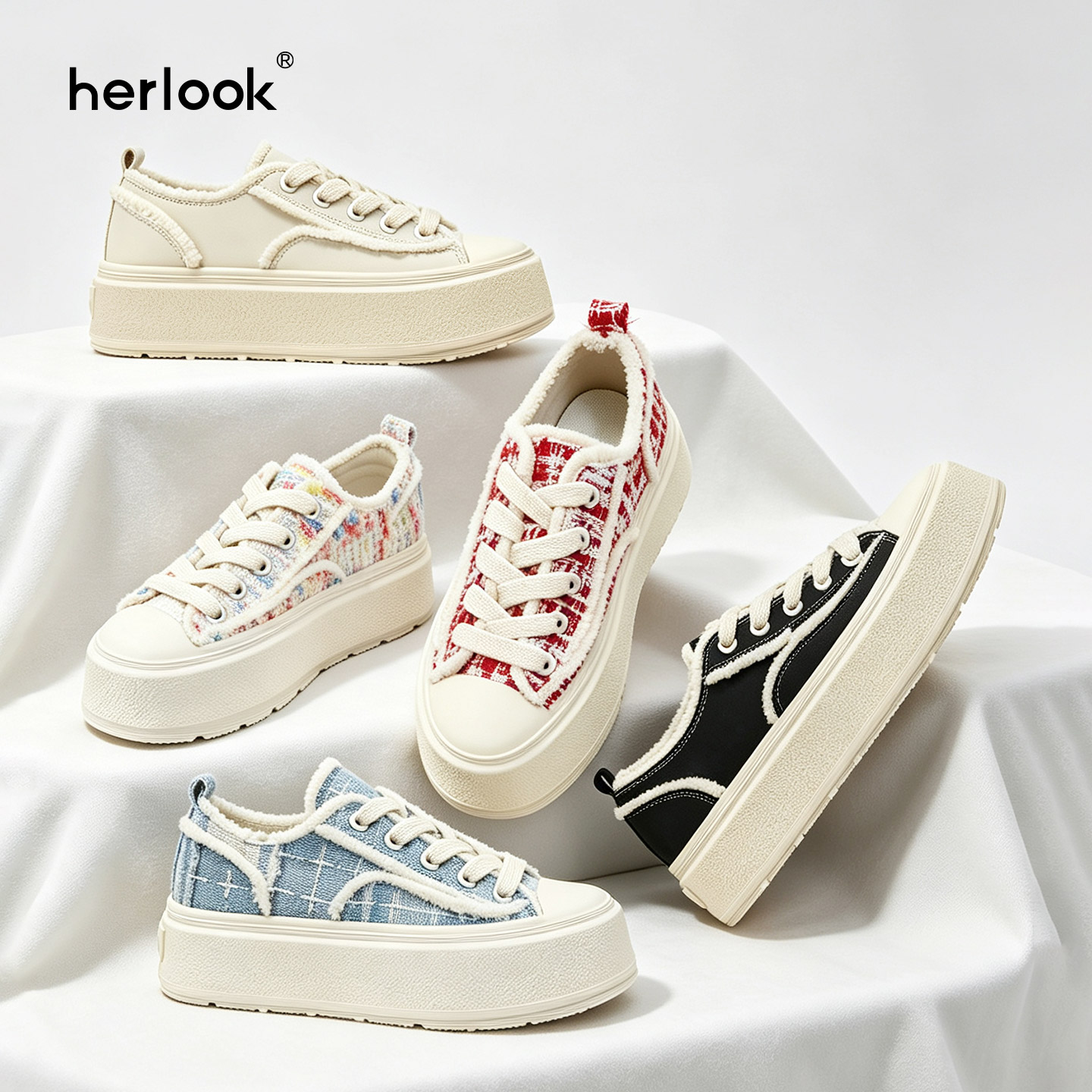 HERLOOK毛边板鞋厚底休闲帆布鞋