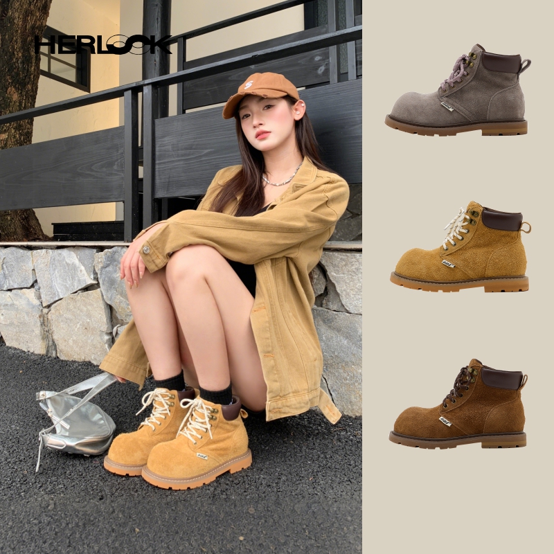 复古增高马丁靴，牛皮大黄靴