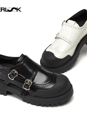 HERLOOK孟克魔术贴乐福鞋女新款金属扣俏皮圆头厚底小皮鞋