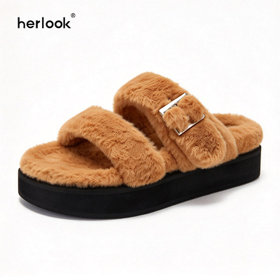 HERLOOK26秋冬新款双条带毛毛拖鞋双带子泰迪棕色保暖增高毛拖鞋