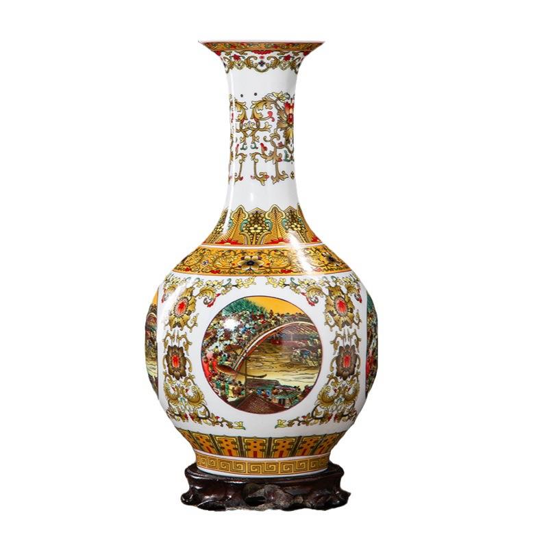 仿古陶瓷小花瓶景德镇新中式插花陶瓷瓶子珐琅彩清明上河图天球瓶