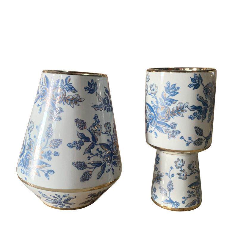新中式青花瓷陶瓷花描金客厅复古侘寂民宿插花zakka花器摆件INS