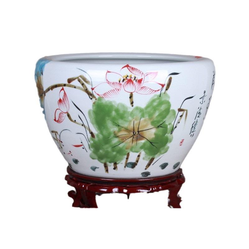 景德镇陶瓷鱼缸花盆手绘窑变裂纹釉荷花金鱼缸睡莲碗莲缸厂家