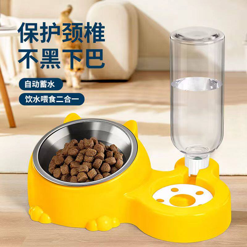 【不锈钢双碗】自动防翻宠物食盆