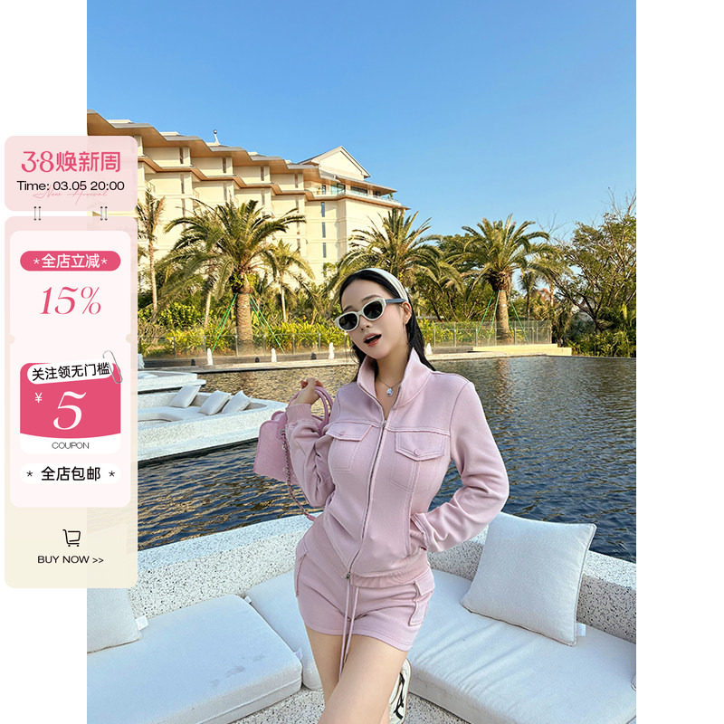 肉装小cherry 柔光滤镜 微胖立领双拉链外套松紧腰抽绳短裤套装女