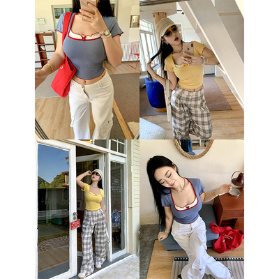 撞色拼接木耳边蝴蝶结短袖上衣