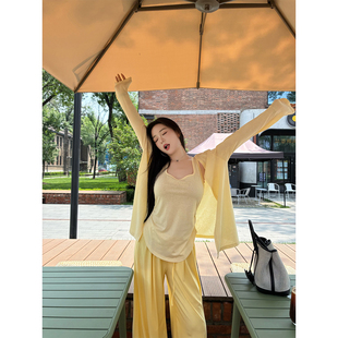 肉装小cherry 懒人三件套 微胖方领背心莱赛尔松紧腰长裤落肩开衫