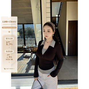 微胖显瘦假两件拼接撞色polo领针织衫 温软冬阳 两色 小cherry 肉装